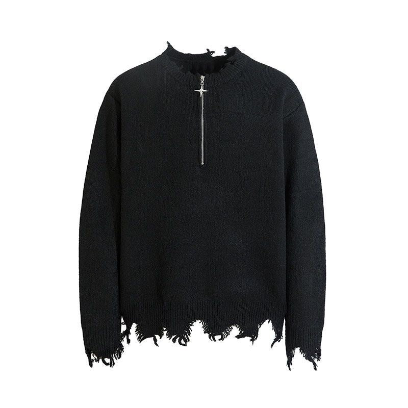 Half zipper destryed sweater