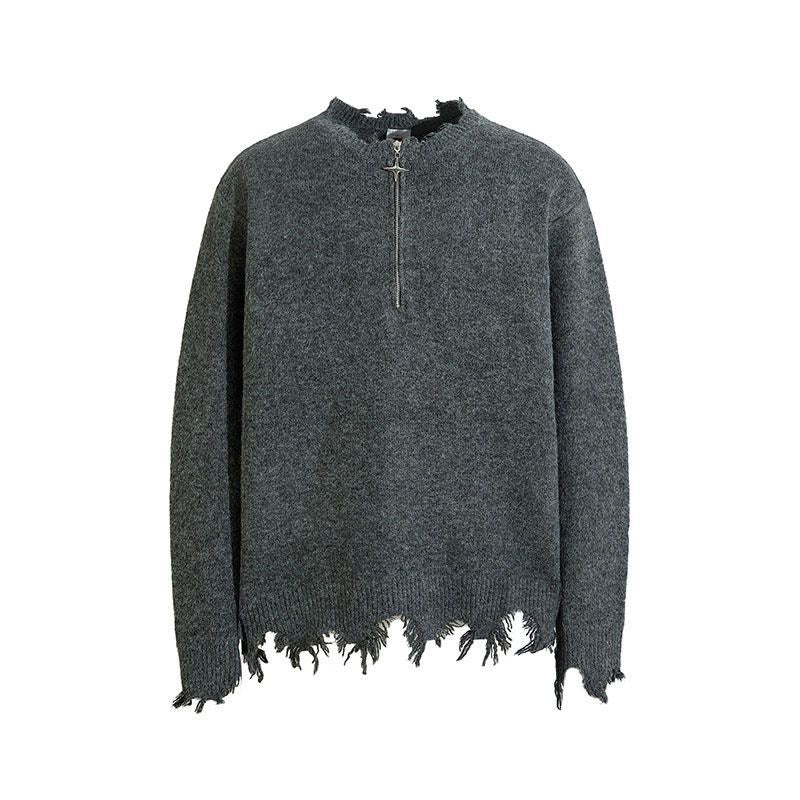 Half zipper destryed sweater