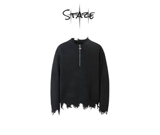 Half zipper destryed sweater